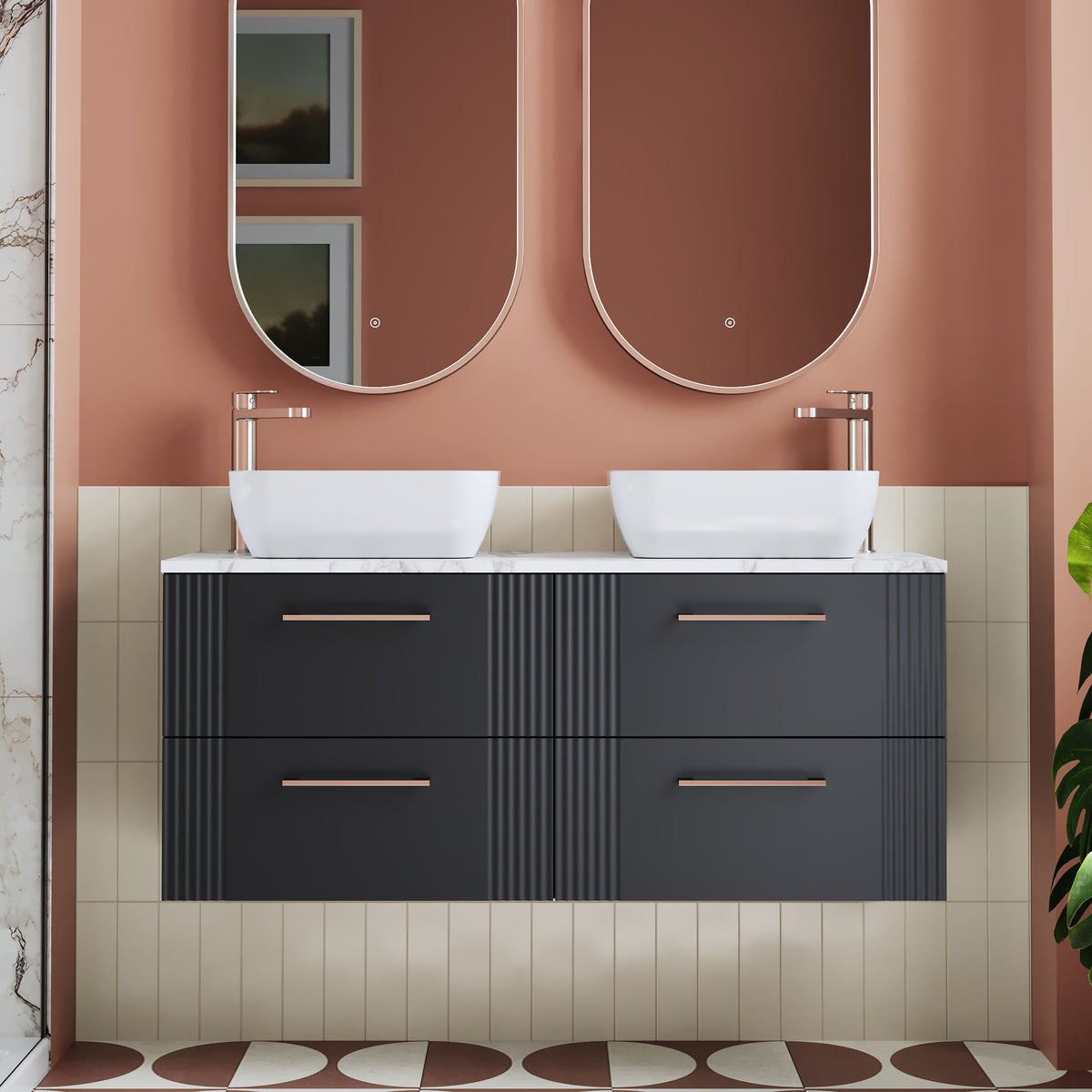 Modern Splash 1215mm Soft Black 4 Drawer Wall Hung Vanity With Carrara Laminate Worktop