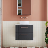 Modern Splash 600mm Soft Black Part Fluted 2 Drawer Wall Hung Vanity Unit With Carrara Laminate Worktop