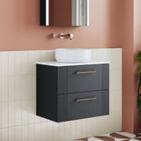 Modern Splash 600mm Soft Black Part Fluted 2 Drawer Wall Hung Vanity Unit With Carrara Laminate Worktop