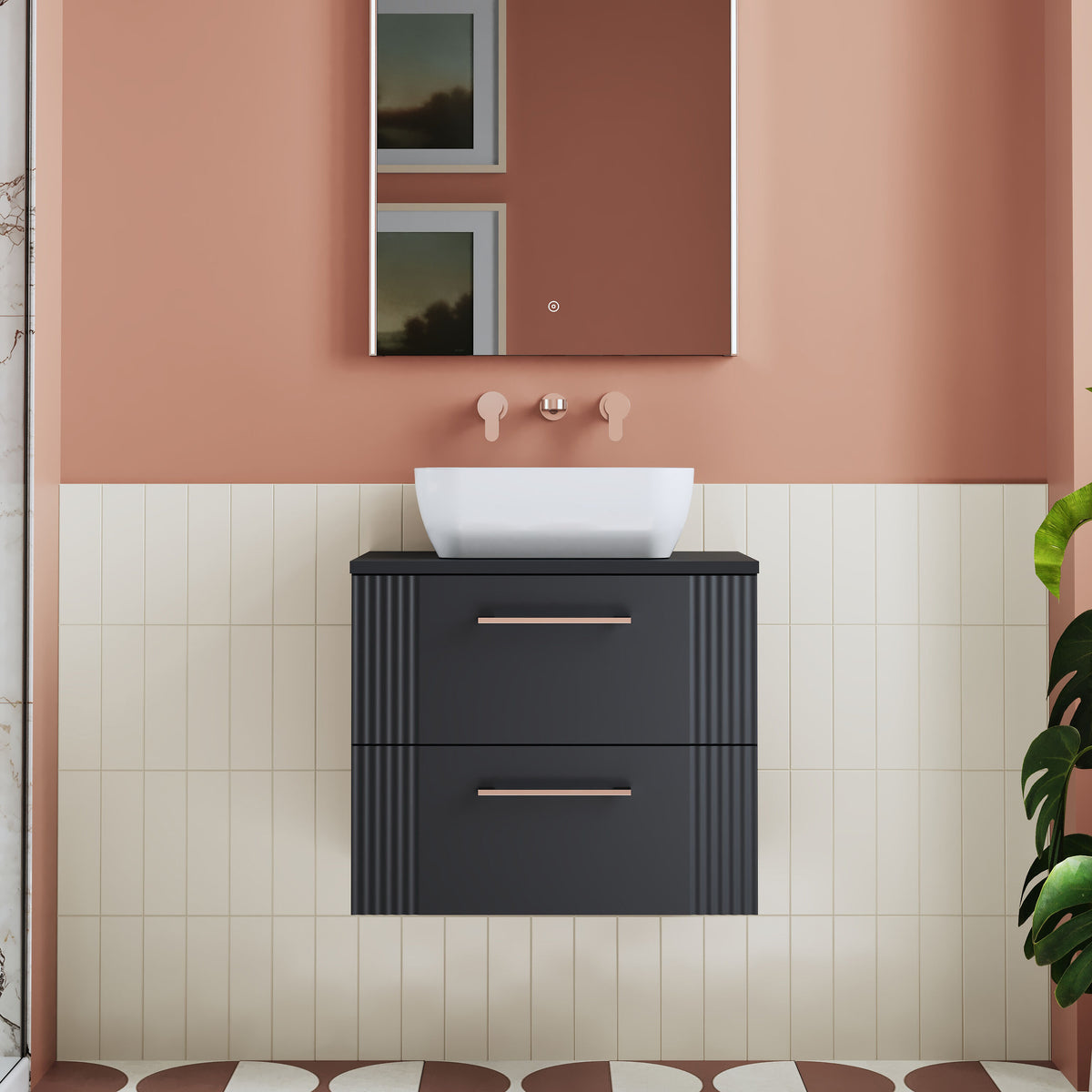 Modern Splash 600mm Soft Black Part Fluted 2 Drawer Wall Hung Vanity & Worktop With Co-ordinating Worktop