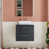 Modern Splash 600mm Soft Black Part Fluted 2 Drawer Wall Hung Vanity & Worktop With Co-ordinating Worktop