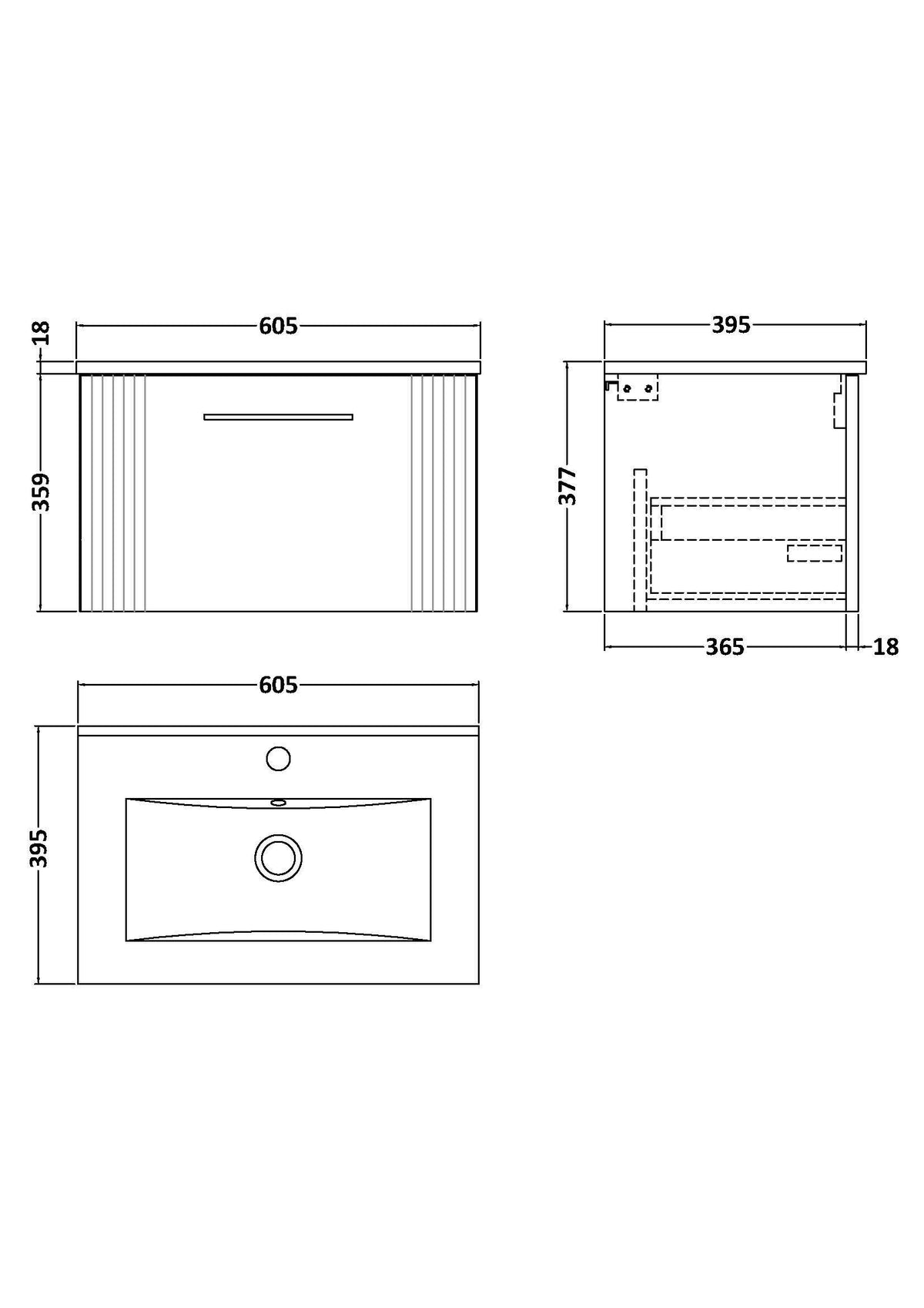 Modern Splash 600mm Soft Black 1 Drawer Wall Hung Vanity Unit With Minimalist Basin