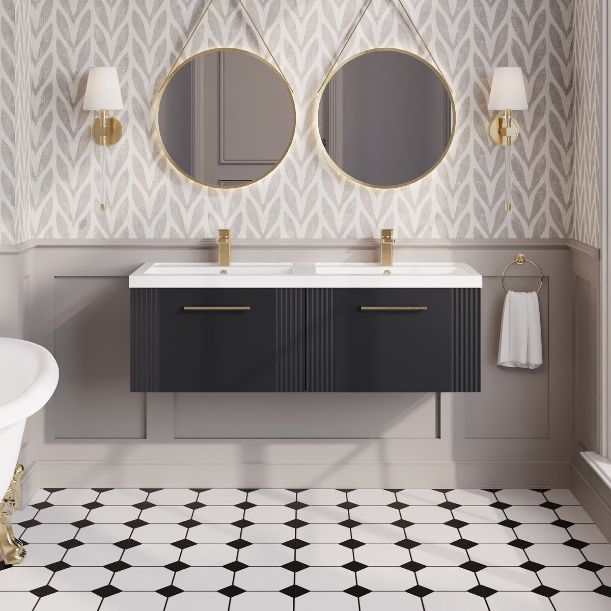 Modern Splash 1200mm Soft Black 2 Drawer Wall Hung Vanity Unit With 2 Tap Hole Polymarble basin