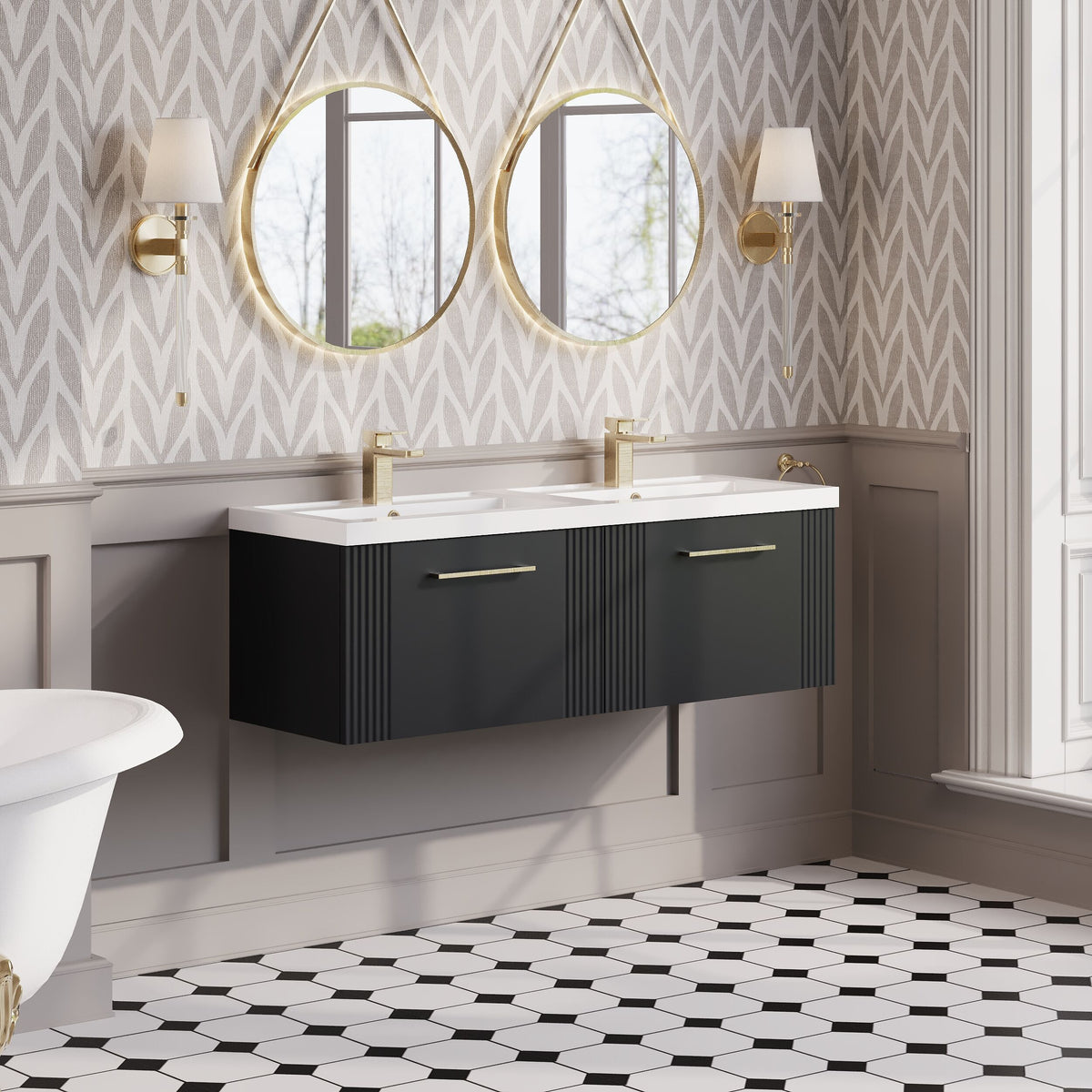 Modern Splash 1200mm Soft Black 2 Drawer Wall Hung Vanity Unit With 2 Tap Hole Polymarble basin