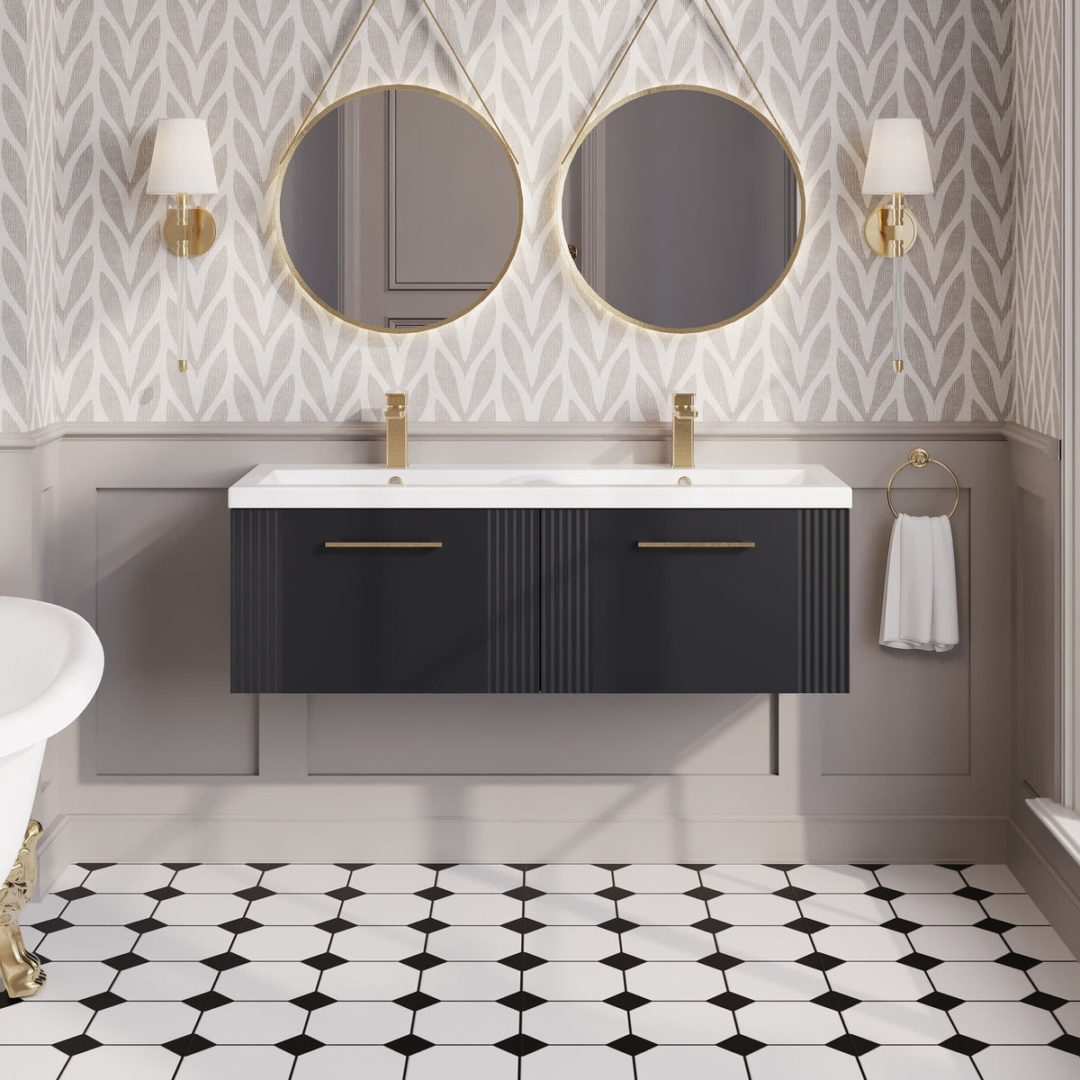 Modern Splash 1200mm Soft Black 2 Drawer Wall Hung Vanity Unit With 2 Tap Hole Ceramic Basin