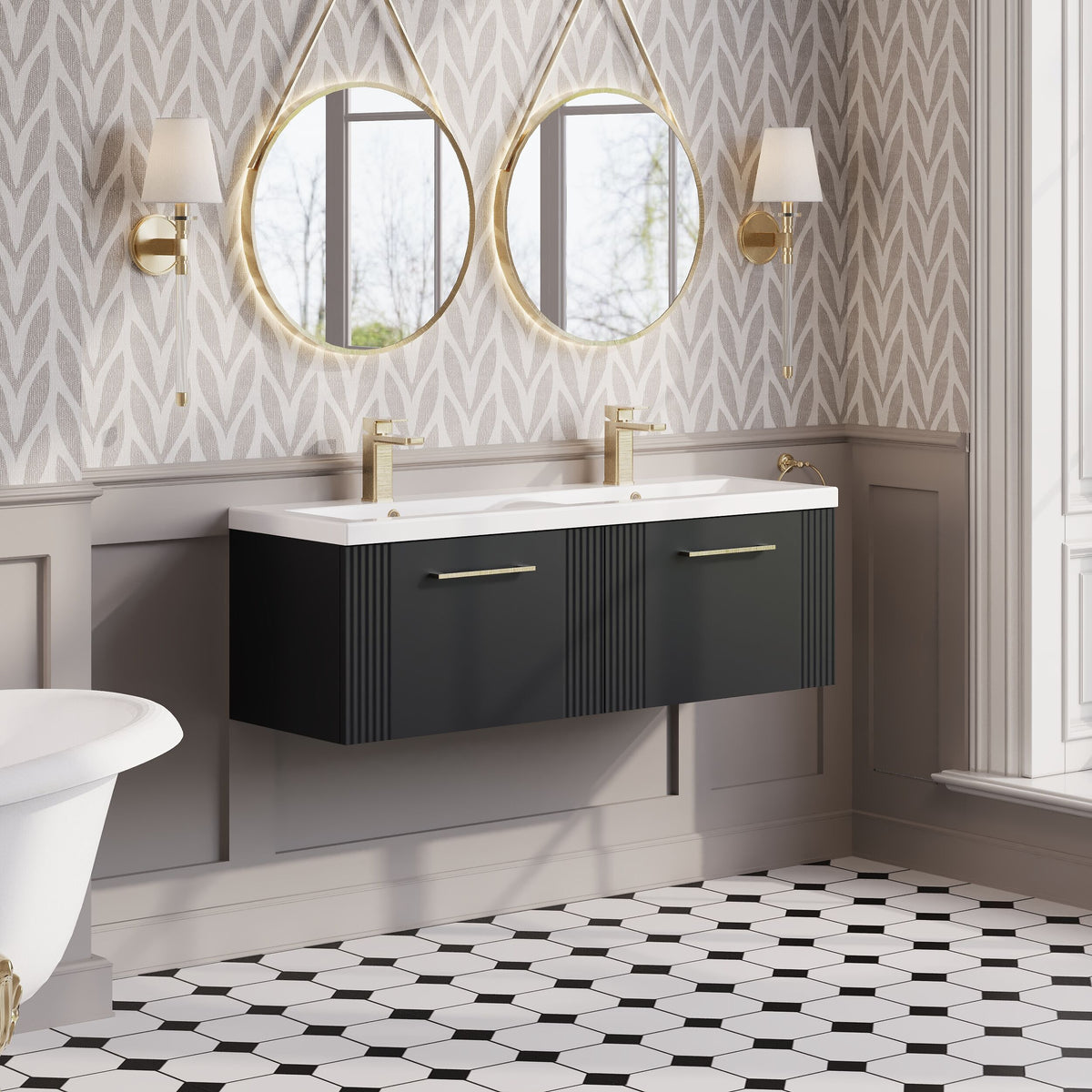 Modern Splash 1200mm Soft Black 2 Drawer Wall Hung Vanity Unit With 2 Tap Hole Ceramic Basin