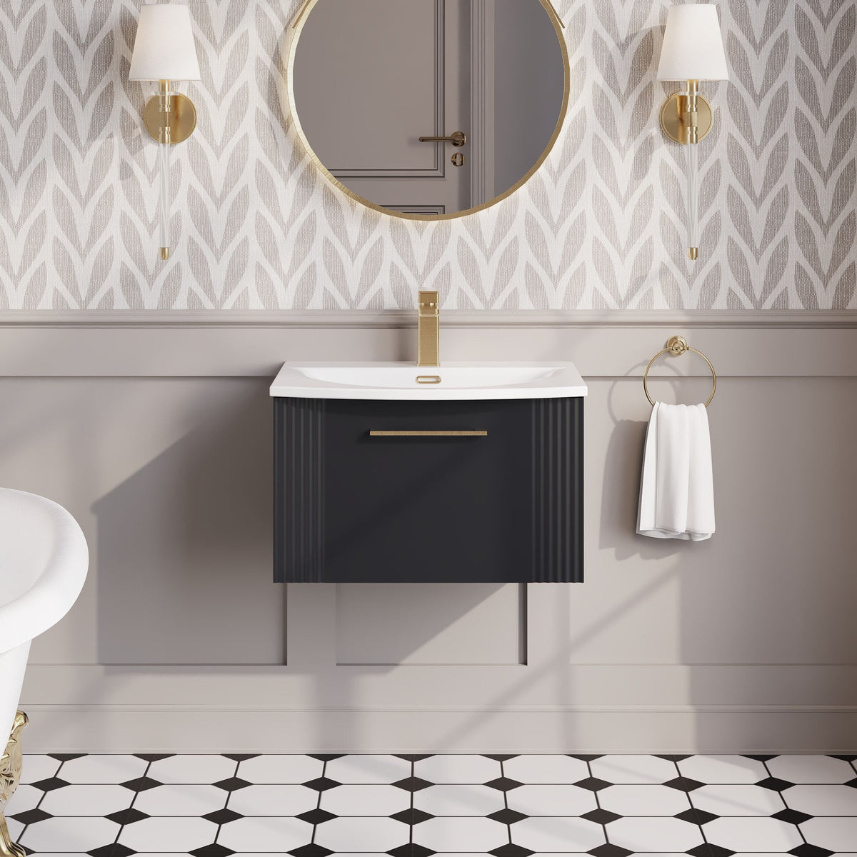 Modern Splash 600mm Soft Black 1 Drawer Wall Hung Vanity Unit With Curved Basin