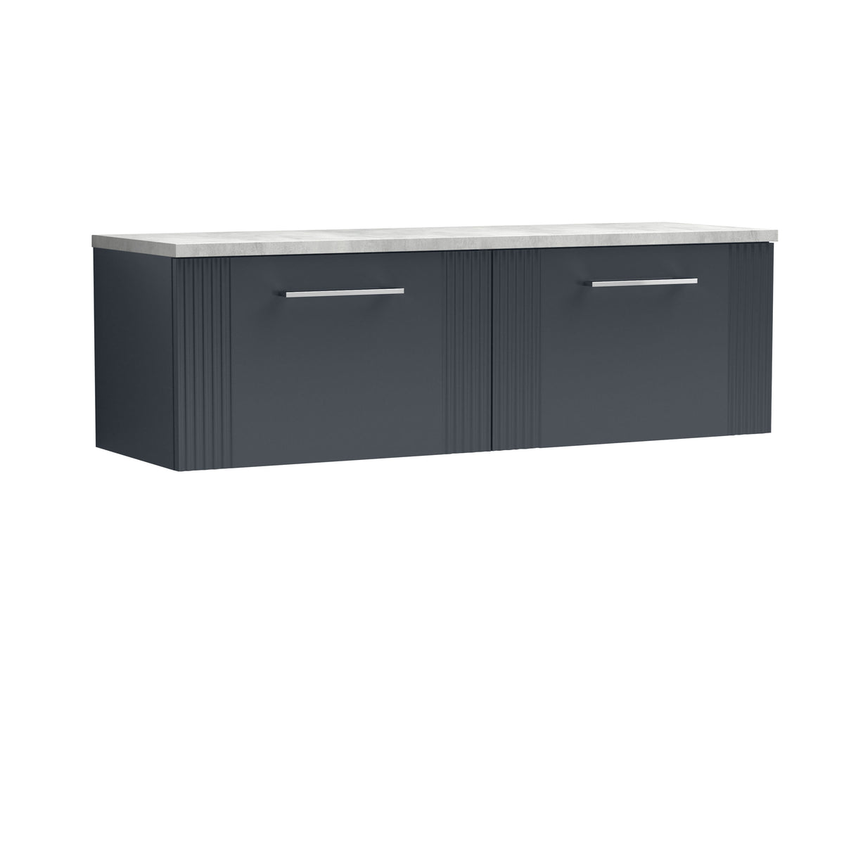 Modern Splash 1200mm Soft Black Part Fluted 2 Drawer Wall Hung Vanity Unit With Bellato Grey Worktop