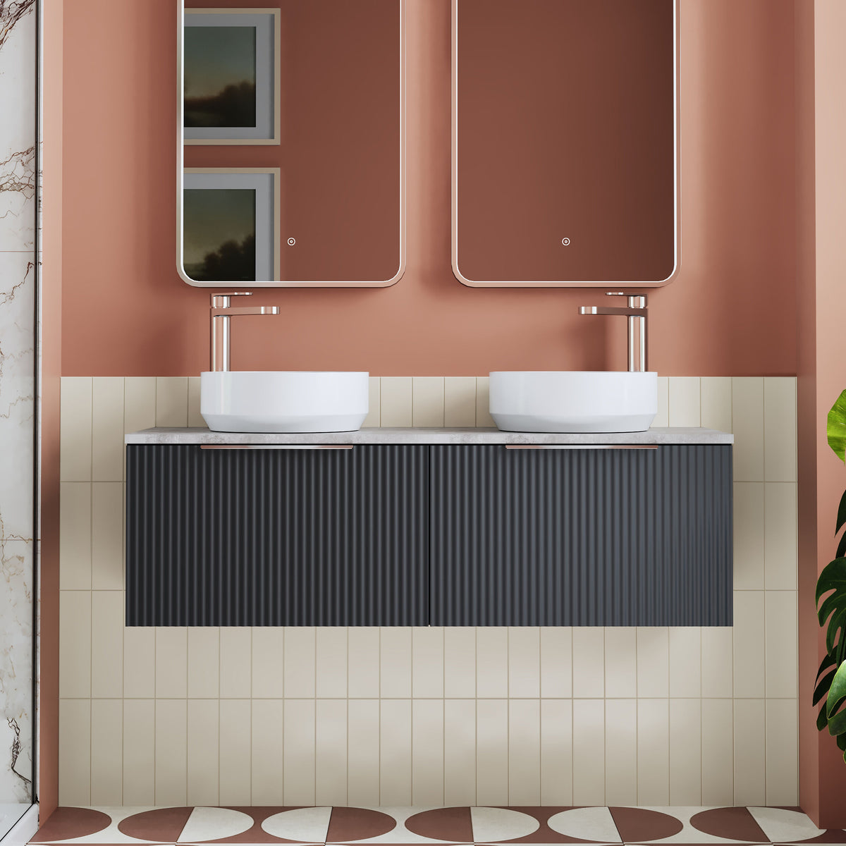 Modern Splash 1200mm Soft Black Part Fluted 2 Drawer Wall Hung Vanity Unit With Bellato Grey Worktop