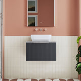 Modern Splash 600mm Soft Black Fluted 1 Drawer Wall Hung Vanity Unit With Bellato Grey Worktop