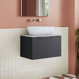 Modern Splash 600mm Soft Black Fluted 1 Drawer Wall Hung Vanity Unit With Bellato Grey Worktop