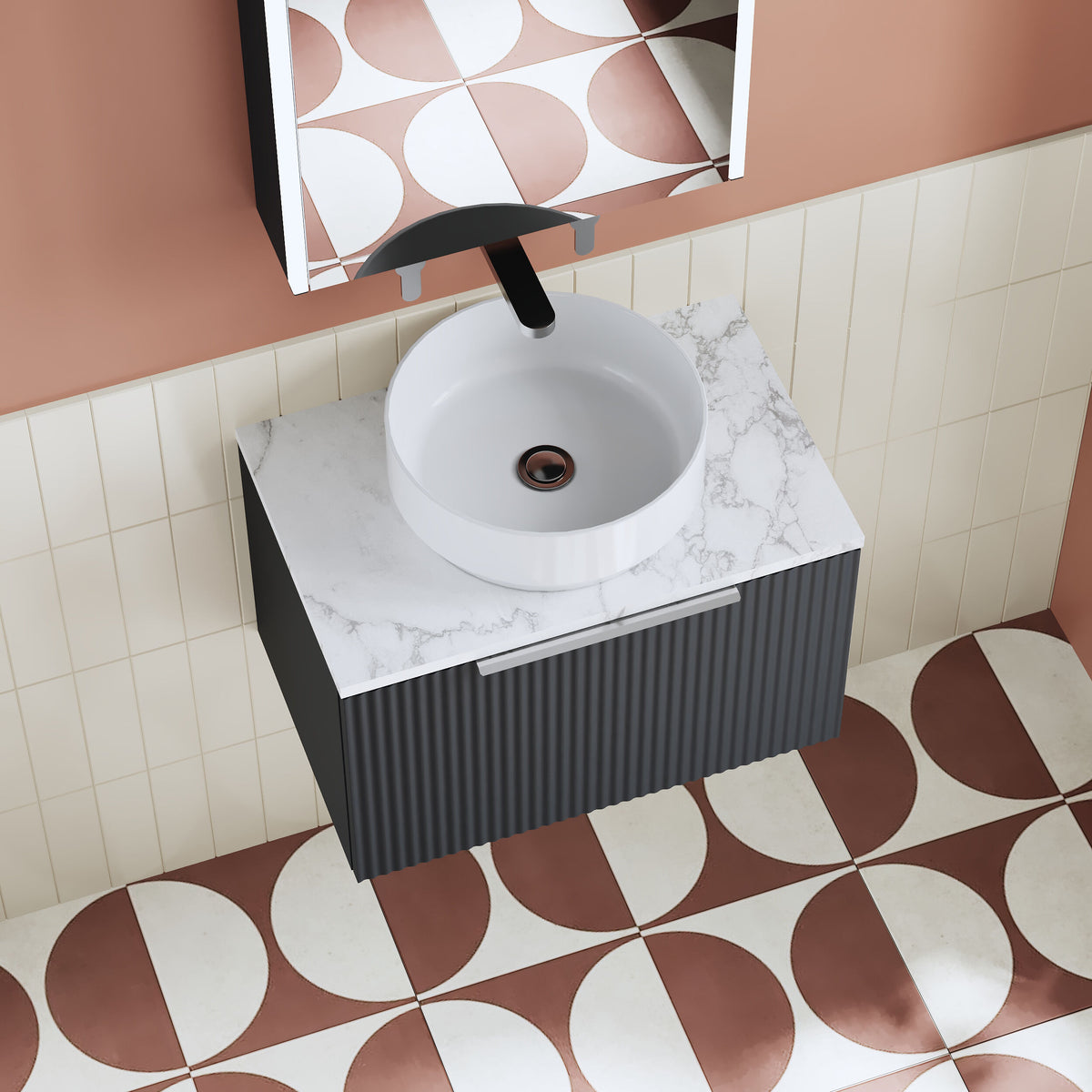 Modern Splash 600mm Soft Black 1 Drawer Wall Hung Vanity Unit With Carrara Laminate Worktop
