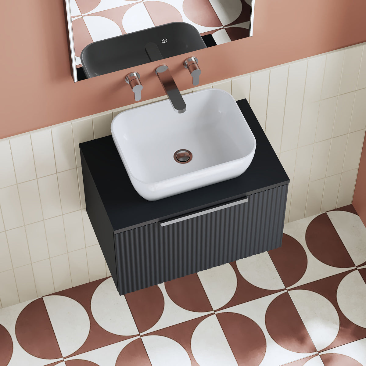 Modern Splash 600mm Soft Black 1 Drawer Wall Hung Vanity Unit With Co-ordinating Worktop