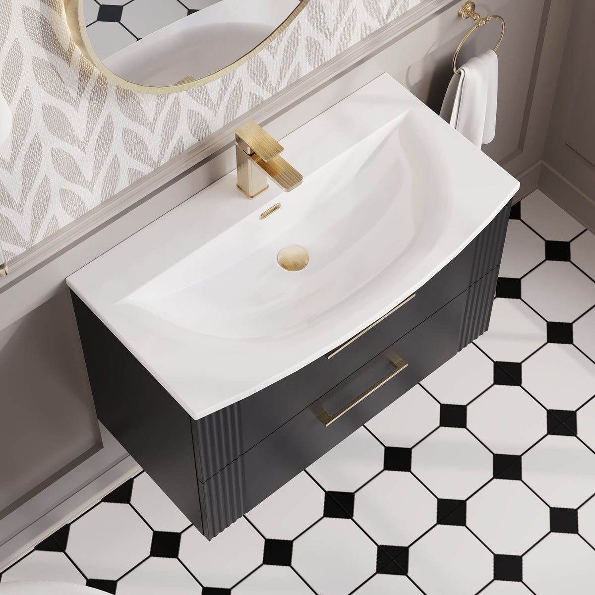 Modern Splash 800mm Soft Black 2 Drawer Wall Hung Vanity Unit With Curved Basin