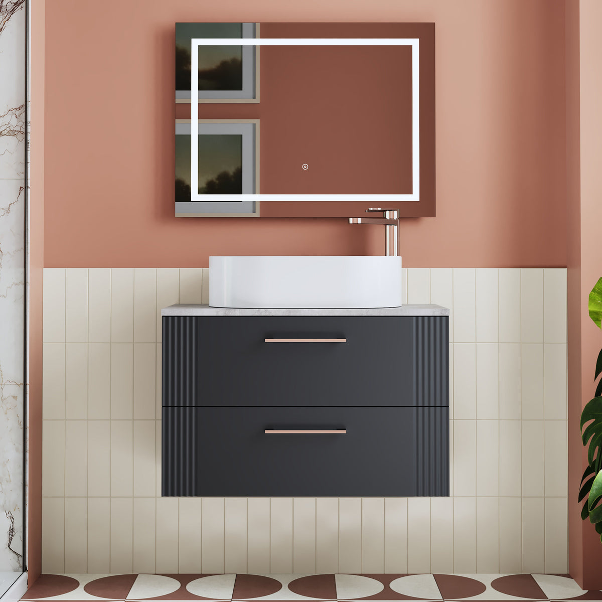 Modern Splash 800mm Soft Black 2 Drawer Wall Hung Vanity With Bellato Grey Worktop