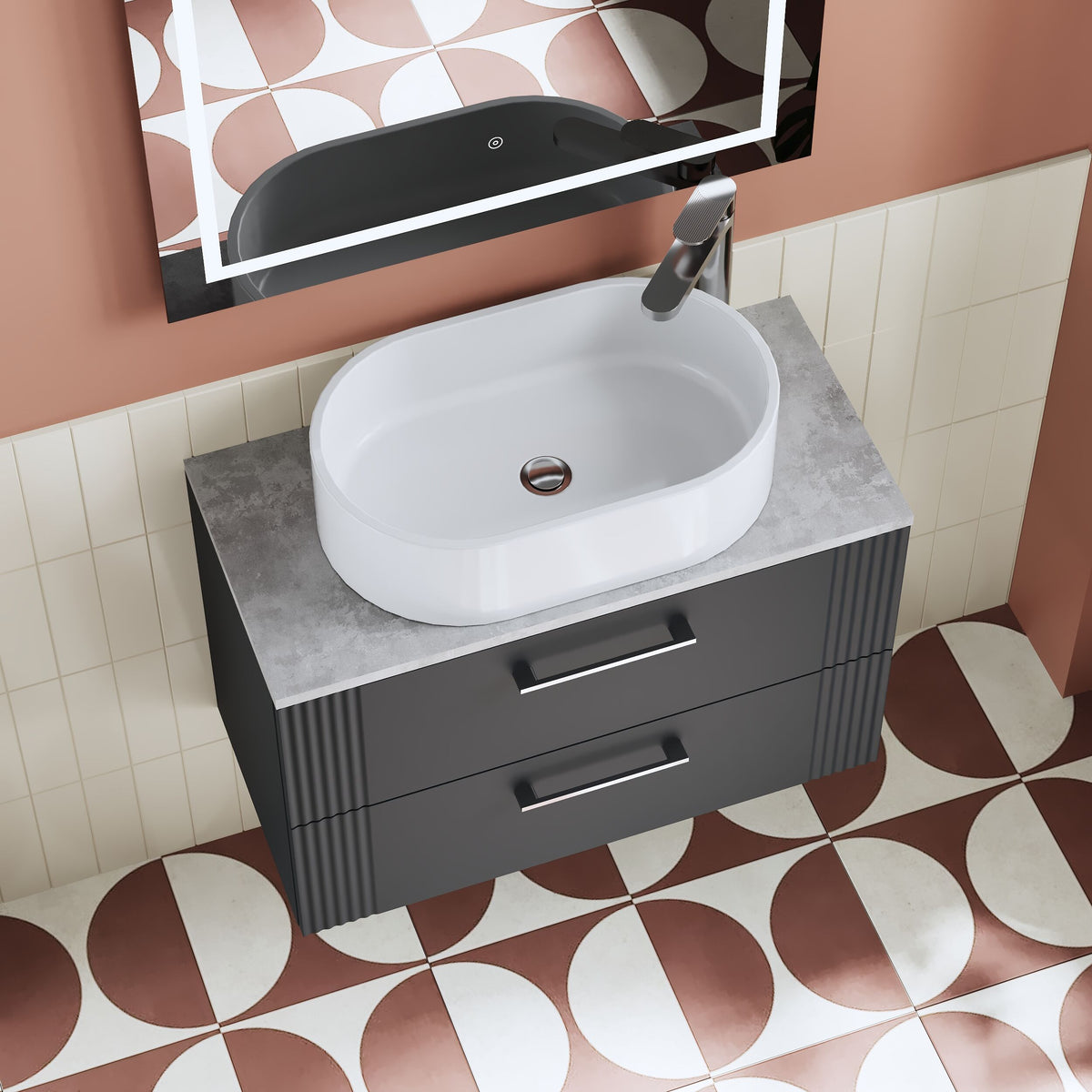 Modern Splash 800mm Soft Black 2 Drawer Wall Hung Vanity With Bellato Grey Worktop