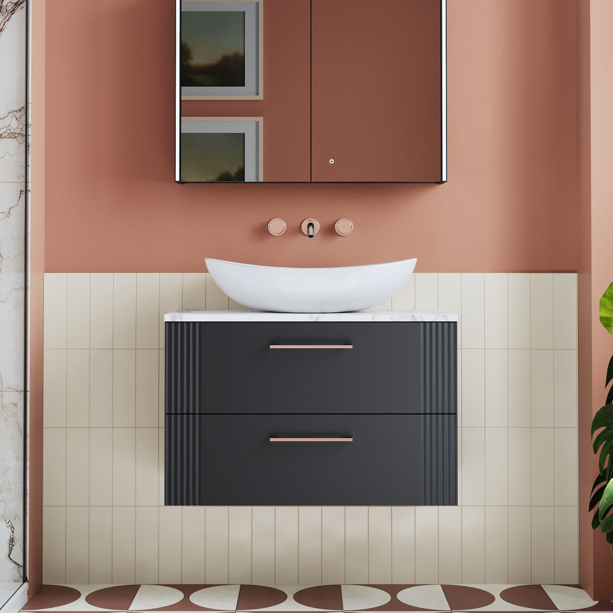 Modern Splash 805mm Soft Black Part Fluted 2 Drawer Wall Hung Vanity Unit With Carrara Laminate Worktop