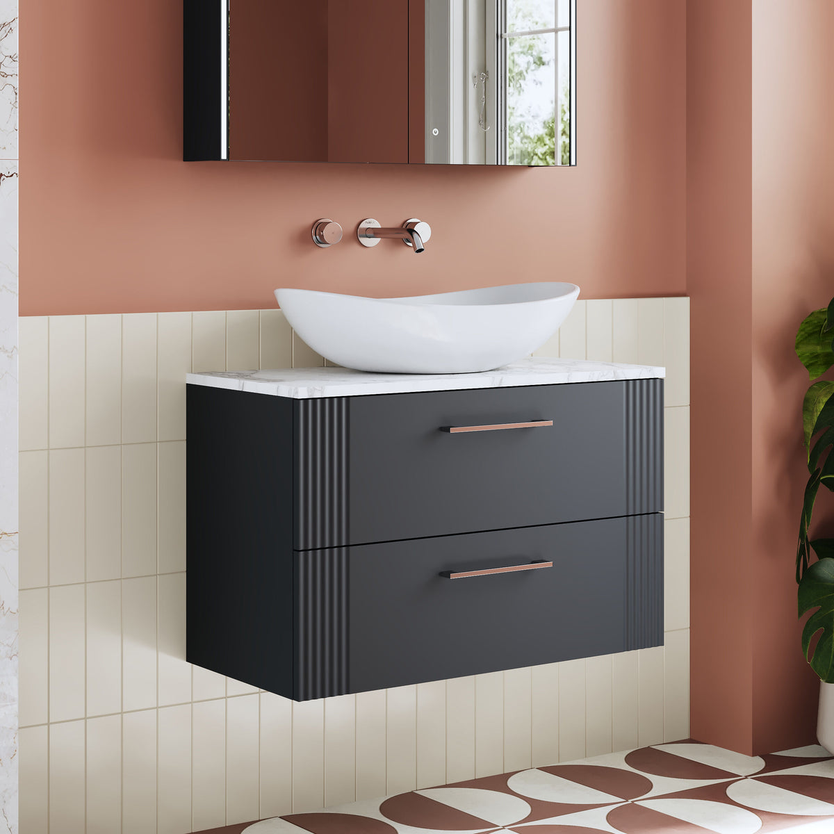 Modern Splash 805mm Soft Black Part Fluted 2 Drawer Wall Hung Vanity Unit With Carrara Laminate Worktop