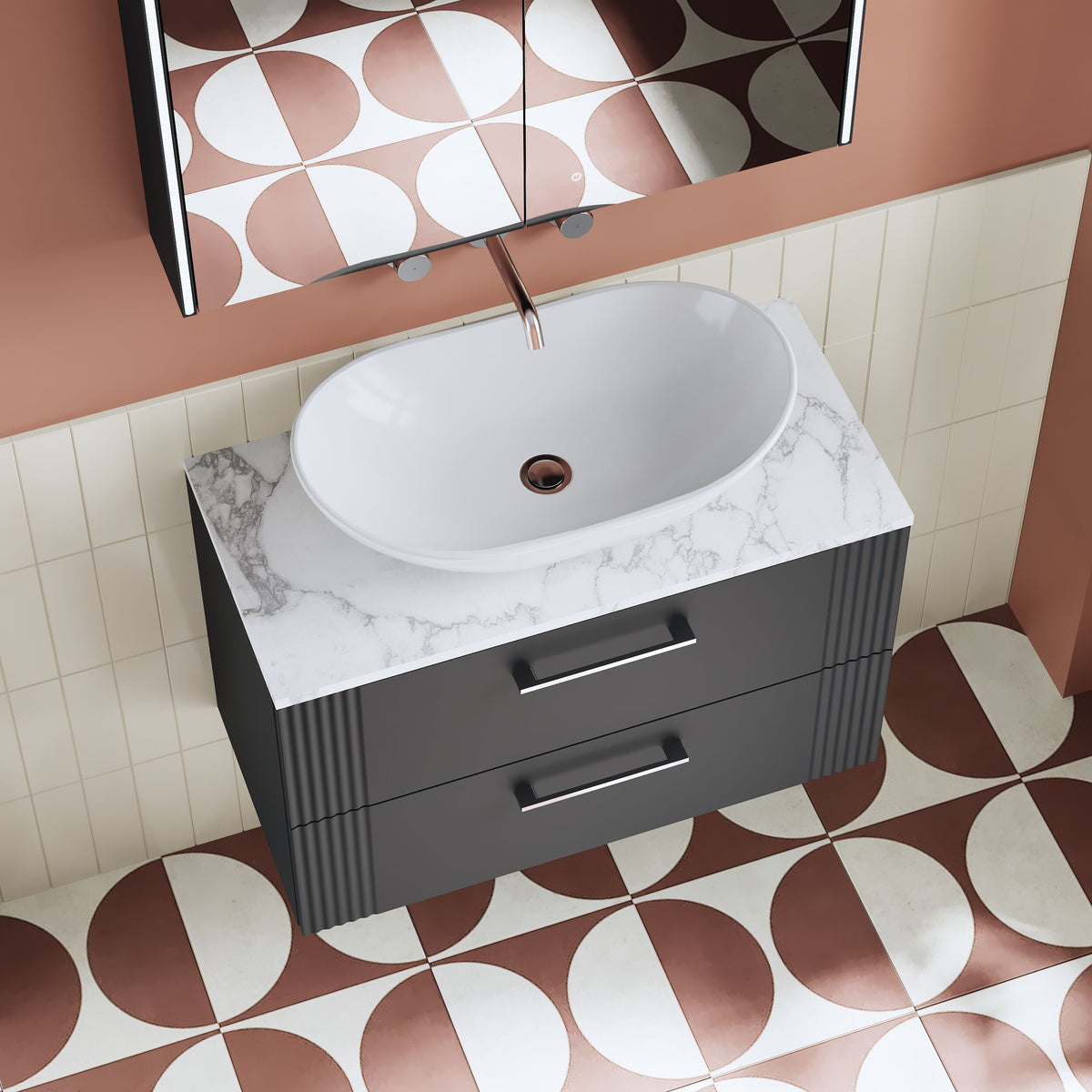 Modern Splash 805mm Soft Black Part Fluted 2 Drawer Wall Hung Vanity Unit With Carrara Laminate Worktop