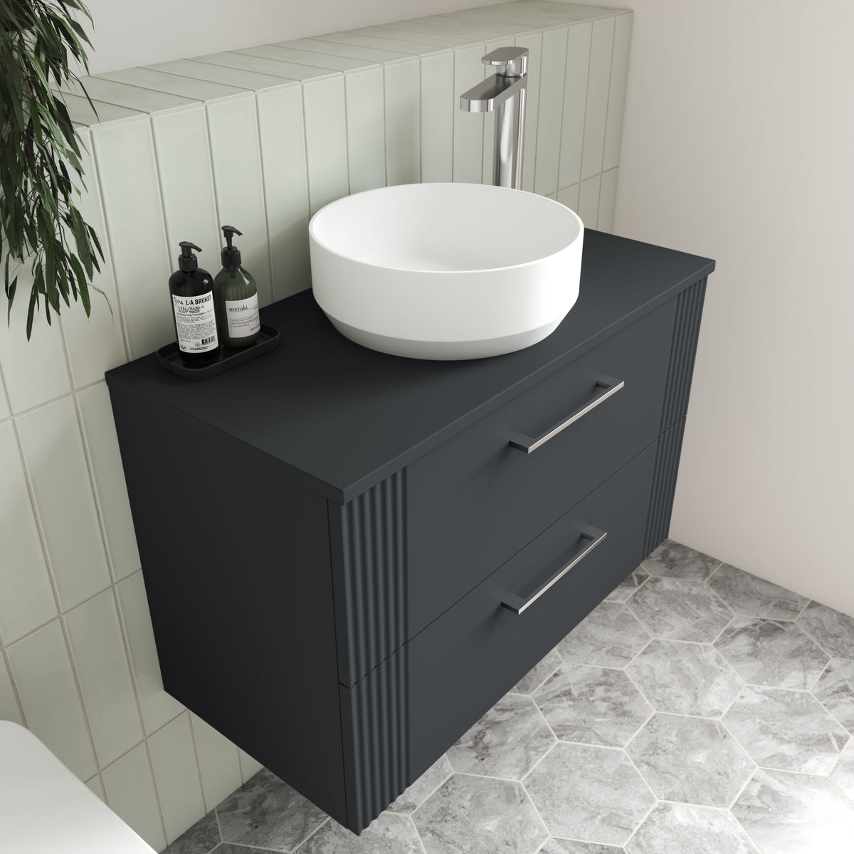 Modern Splash 800mm Soft Black 2 Drawer Wall Hung Vanity With Co-ordinating Worktop