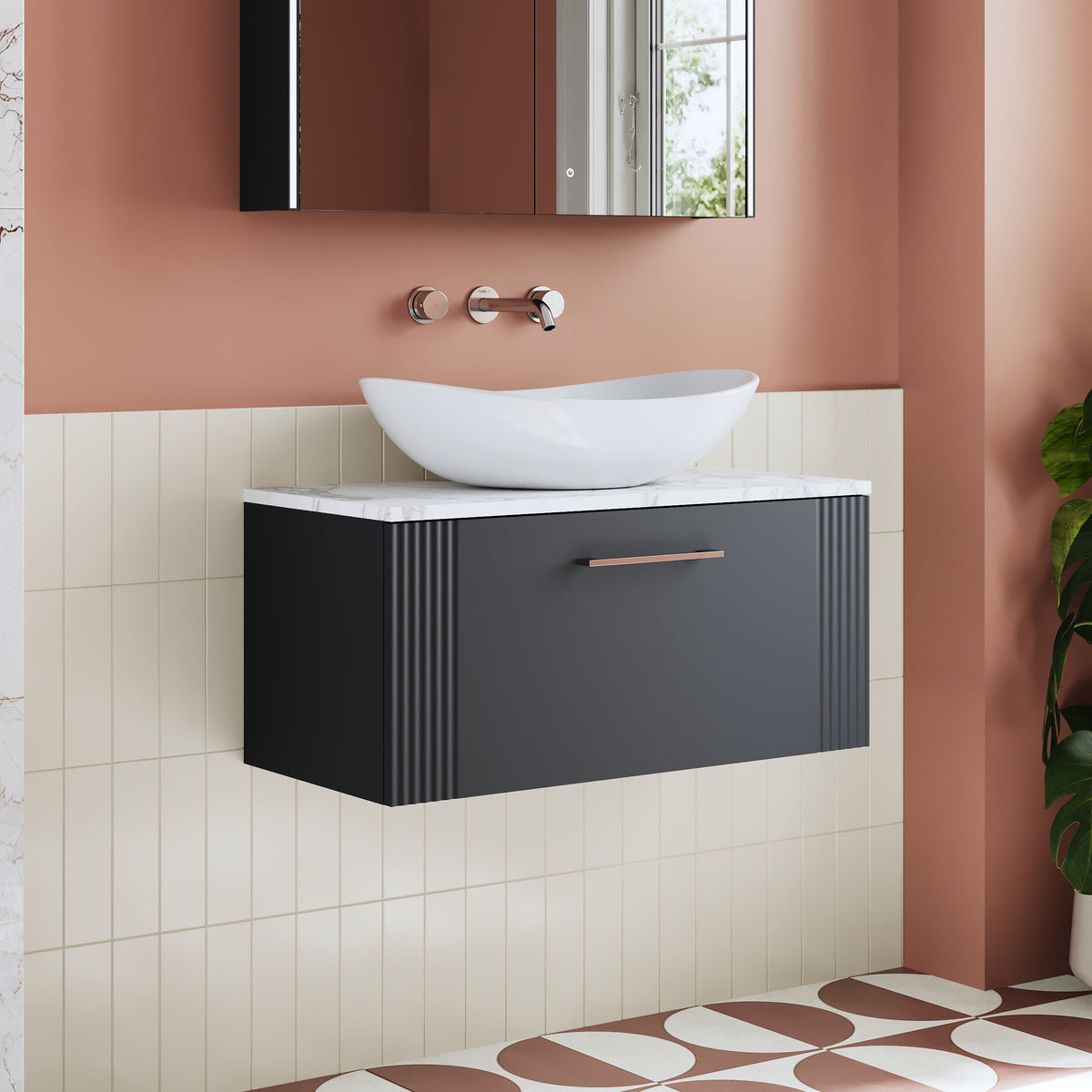 Modern Splash 800mm Soft Black Part Fluted 1 Drawer Wall Hung Vanity Unit With Carrara Laminate Worktop