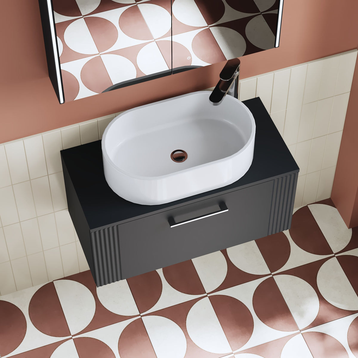 Modern Splash 800mm Soft Black Part Fluted 1 Drawer Wall Hung Vanity & Worktop With Co-ordinating Worktop