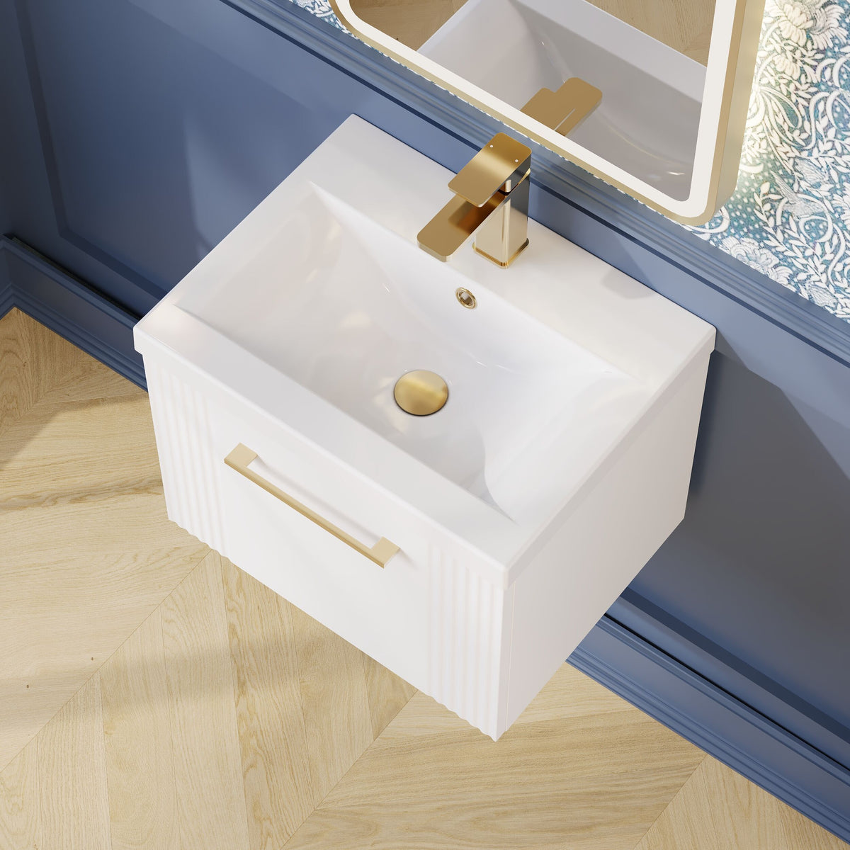 Modern Splash 500mm Satin White 1 Drawer Wall Hung Vanity Unit With Mid-Edge Basin