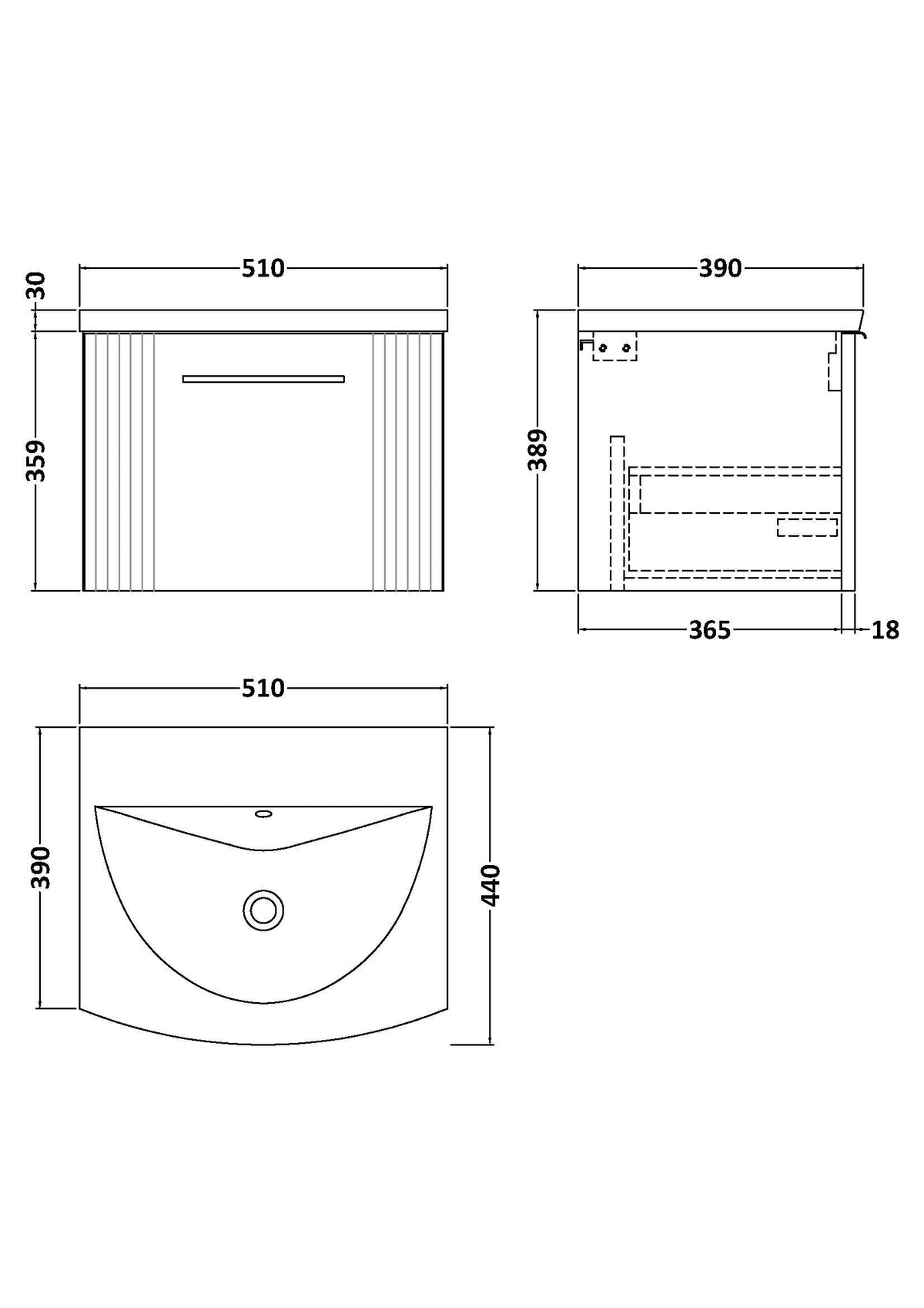 Modern Splash 500mm Satin White 1 Drawer Wall Hung Vanity Unit With Curved Basin