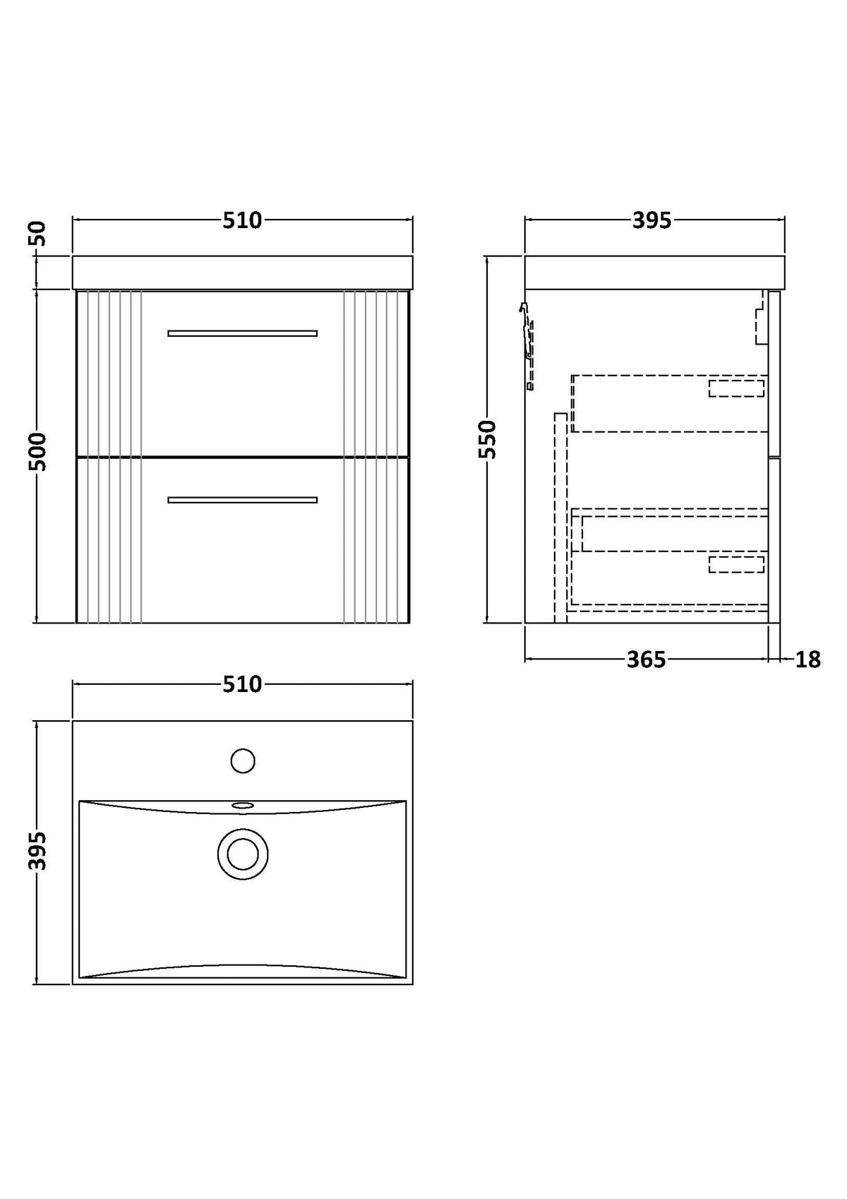 Modern Splash 500mm Satin White 2 Drawer Wall Hung Vanity Unit With Thin Edge Basin