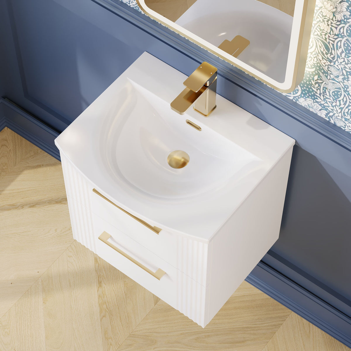 Modern Splash 500mm Satin White 2 Drawer Wall Hung Vanity Unit With Curved Basin