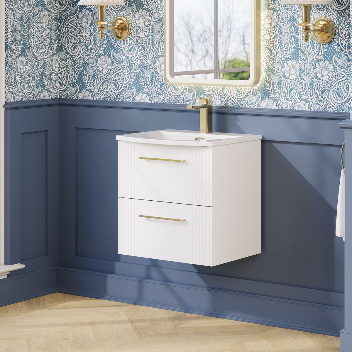 Modern Splash 500mm Satin White 2 Drawer Wall Hung Vanity Unit With Curved Basin