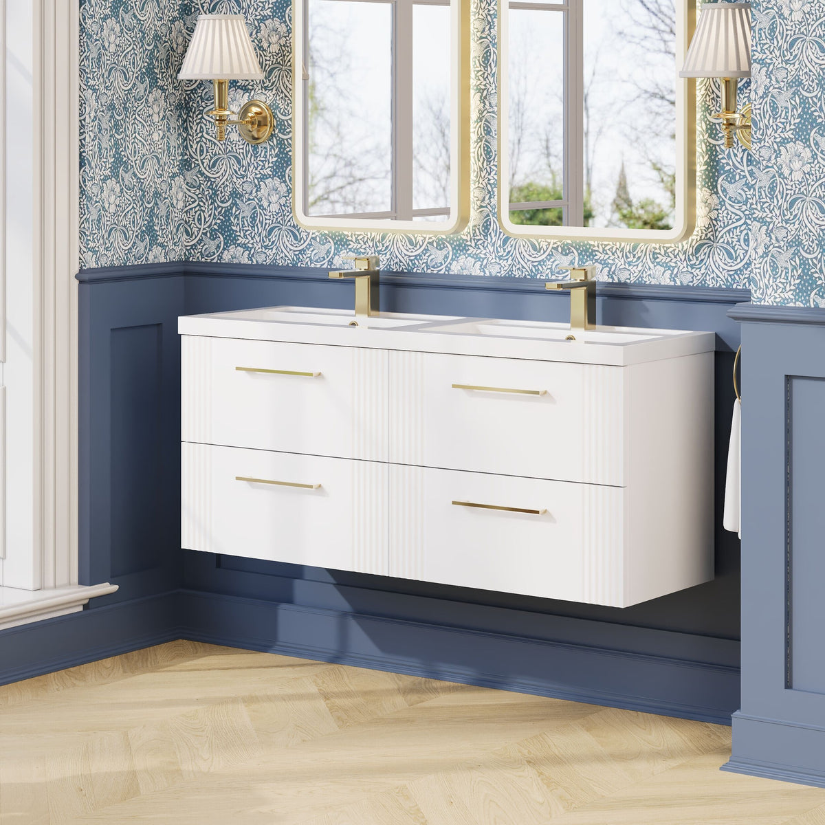 Modern Splash 1200mm Satin White 4 Drawer Wall Hung Vanity Unit With 2 Tap Hole Polymarble basin