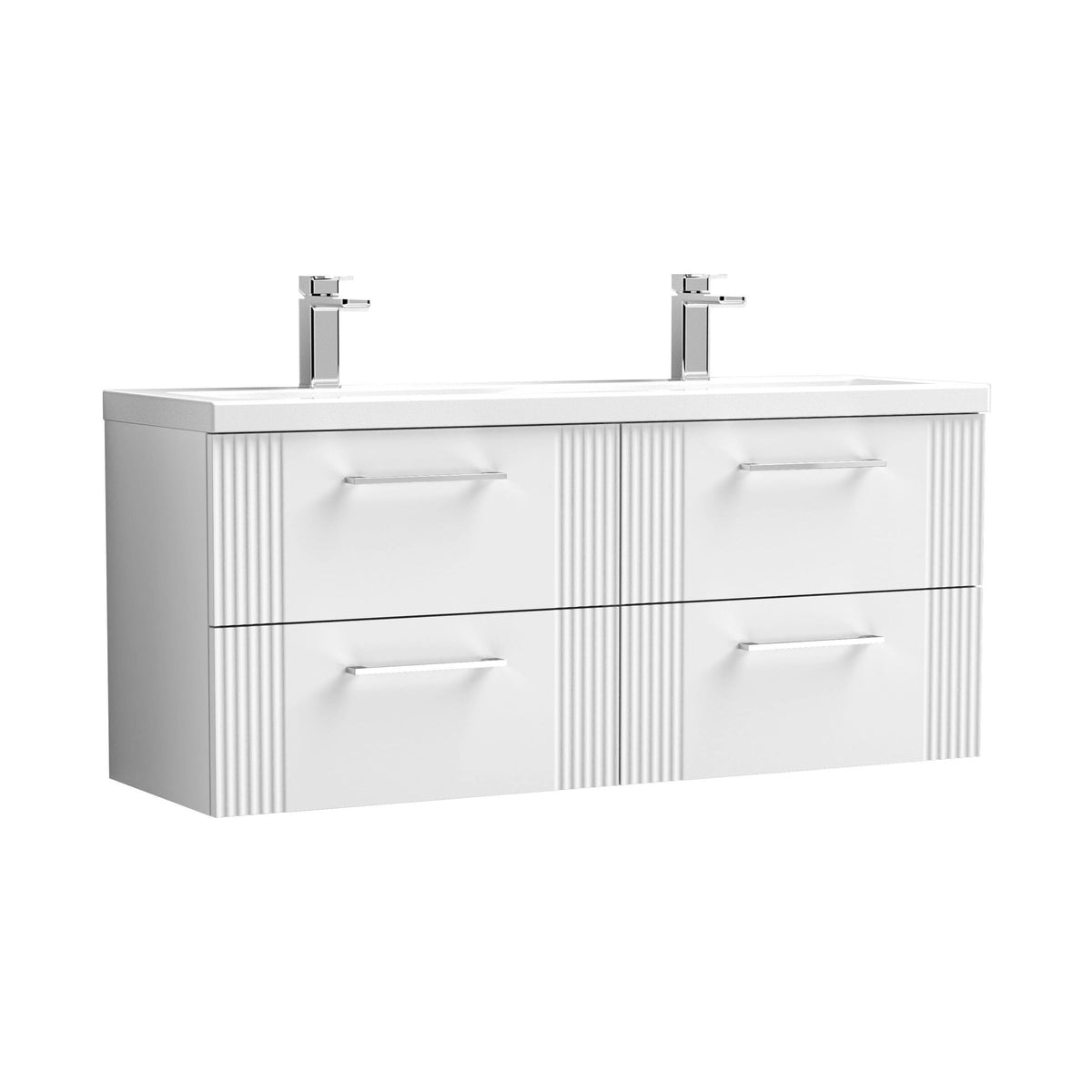 Modern Splash 1200mm Satin White 4 Drawer Wall Hung Vanity Unit With 2 Tap Hole Ceramic Basin