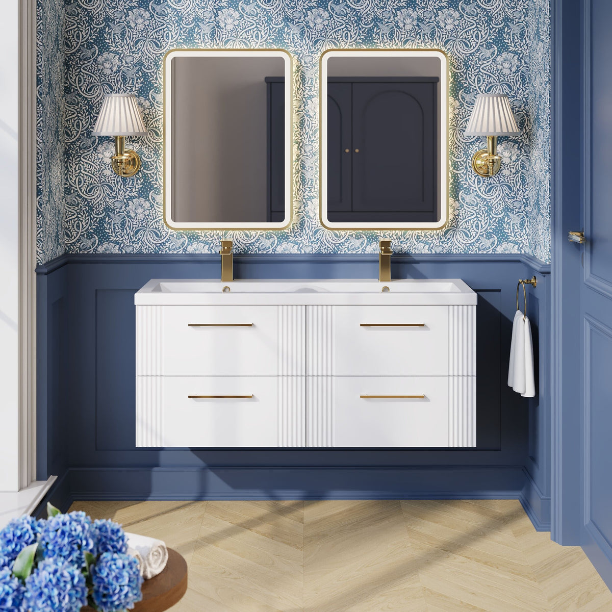 Modern Splash 1200mm Satin White 4 Drawer Wall Hung Vanity Unit With 2 Tap Hole Ceramic Basin