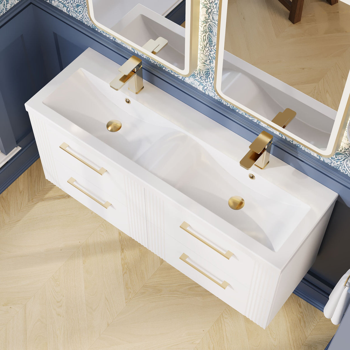 Modern Splash 1200mm Satin White 4 Drawer Wall Hung Vanity Unit With 2 Tap Hole Ceramic Basin