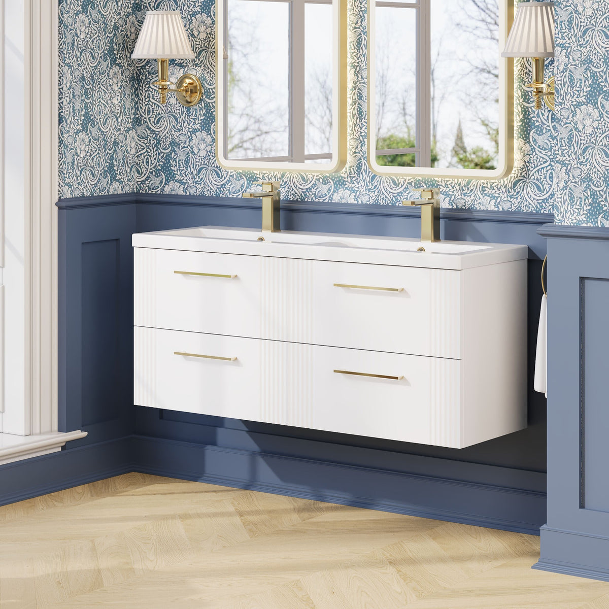 Modern Splash 1200mm Satin White 4 Drawer Wall Hung Vanity Unit With 2 Tap Hole Ceramic Basin