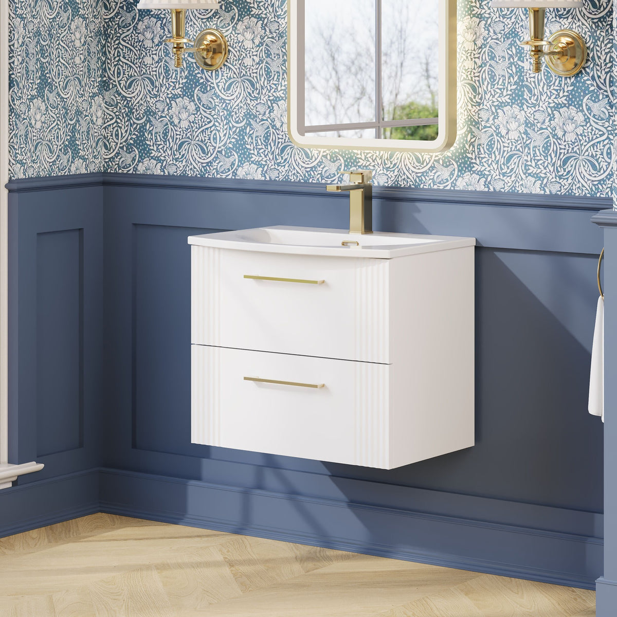 Modern Splash 600mm Satin White 2 Drawer Wall Hung Vanity Unit With Curved Basin