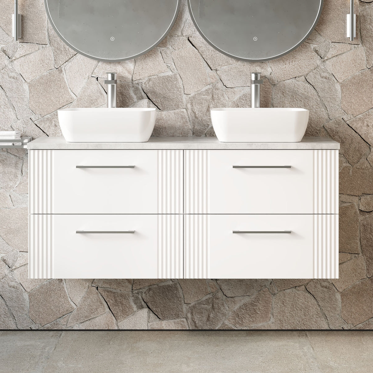 Modern Splash 1200mm Satin White Part Fluted 4 Drawer Wall Hung Vanity Unit With Bellato Grey Worktop