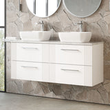 Modern Splash 1200mm Satin White Part Fluted 4 Drawer Wall Hung Vanity Unit With Bellato Grey Worktop