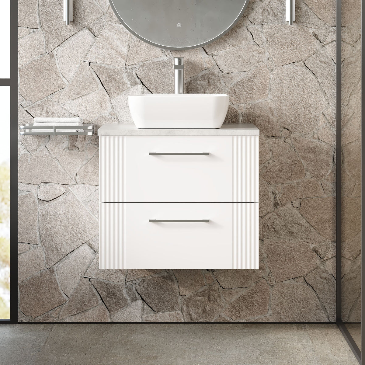 Modern Splash 600mm Satin White  2 Drawer Wall Hung Vanity Unit With Bellato Grey Worktop