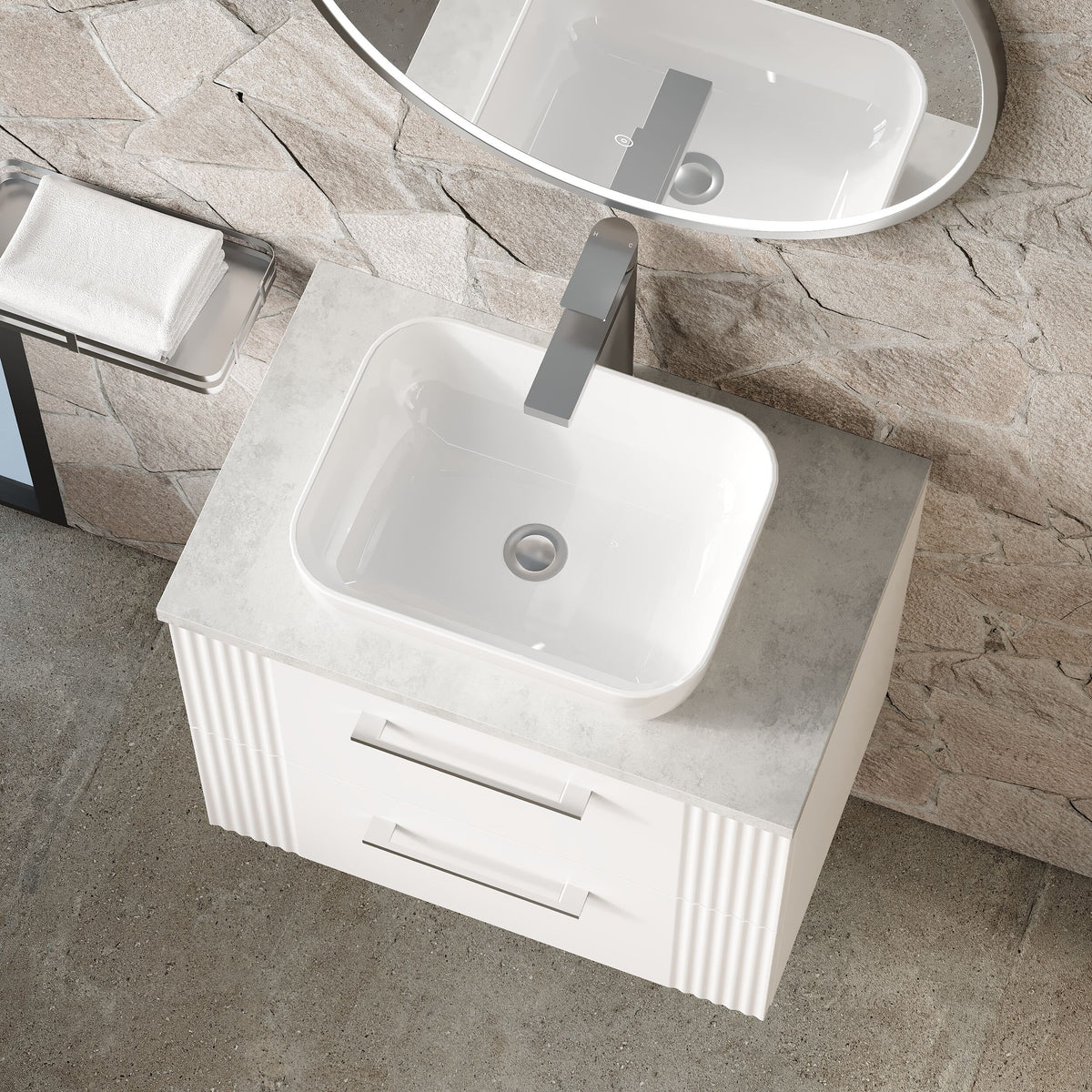 Modern Splash 600mm Satin White  2 Drawer Wall Hung Vanity Unit With Bellato Grey Worktop