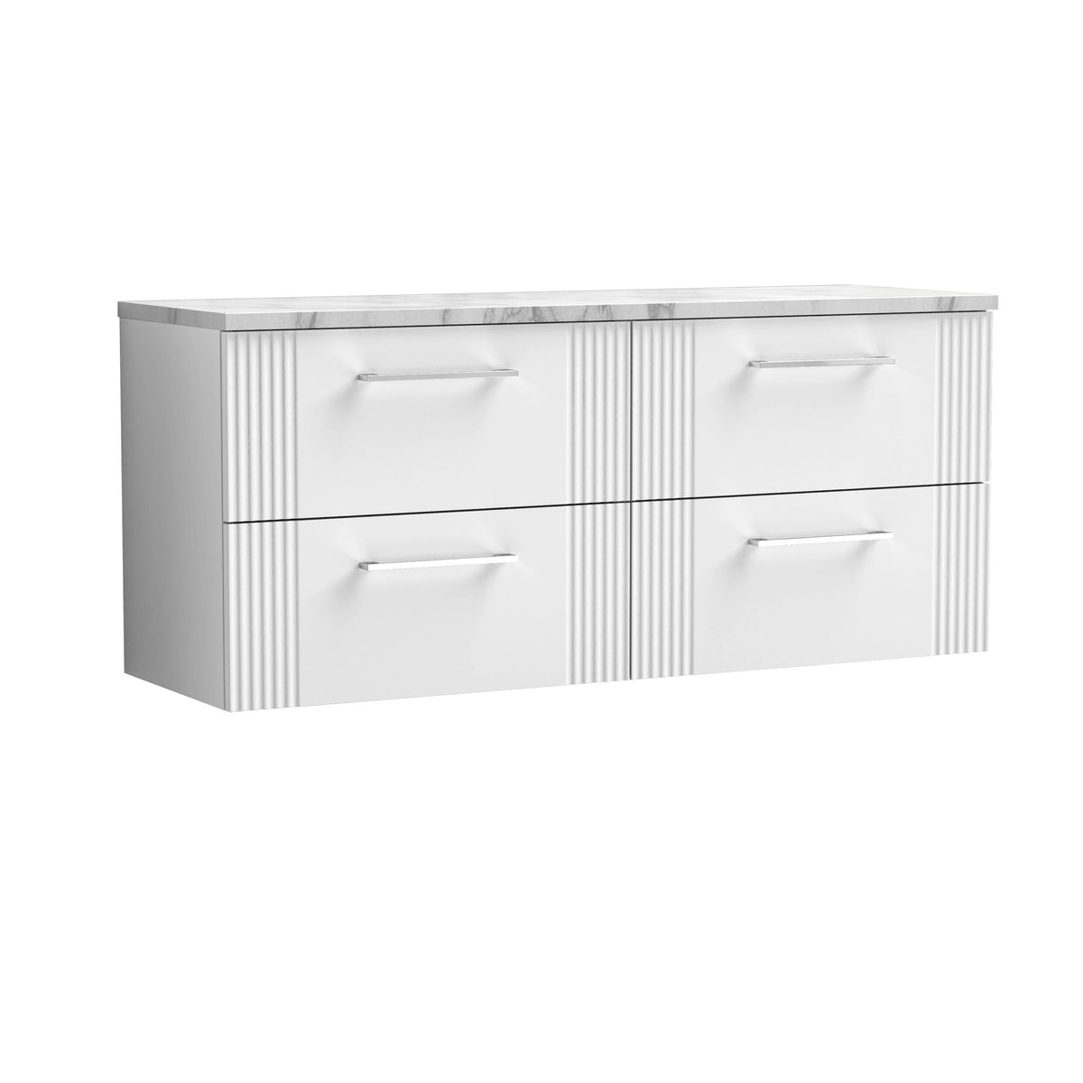 Modern Splash 1200mm Satin White Part Fluted 4 Drawer Wall Hung Vanity With Carrara Laminate Worktop
