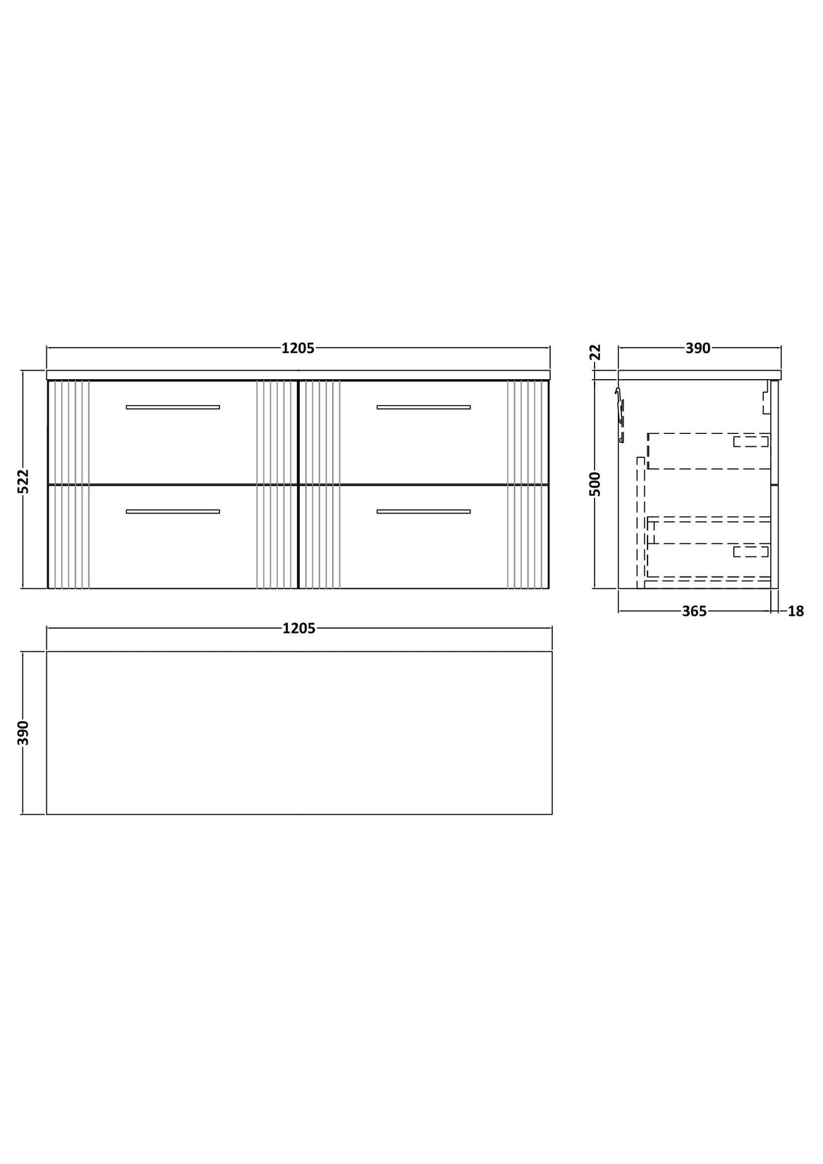 Modern Splash 1200mm Satin White Part Fluted 4 Drawer Wall Hung Vanity With Carrara Laminate Worktop