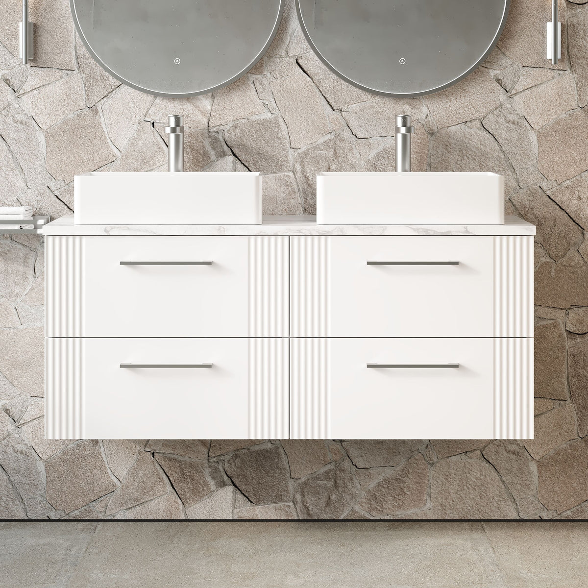 Modern Splash 1200mm Satin White Part Fluted 4 Drawer Wall Hung Vanity With Carrara Laminate Worktop