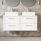 Modern Splash 1200mm Satin White Part Fluted 4 Drawer Wall Hung Vanity With Carrara Laminate Worktop