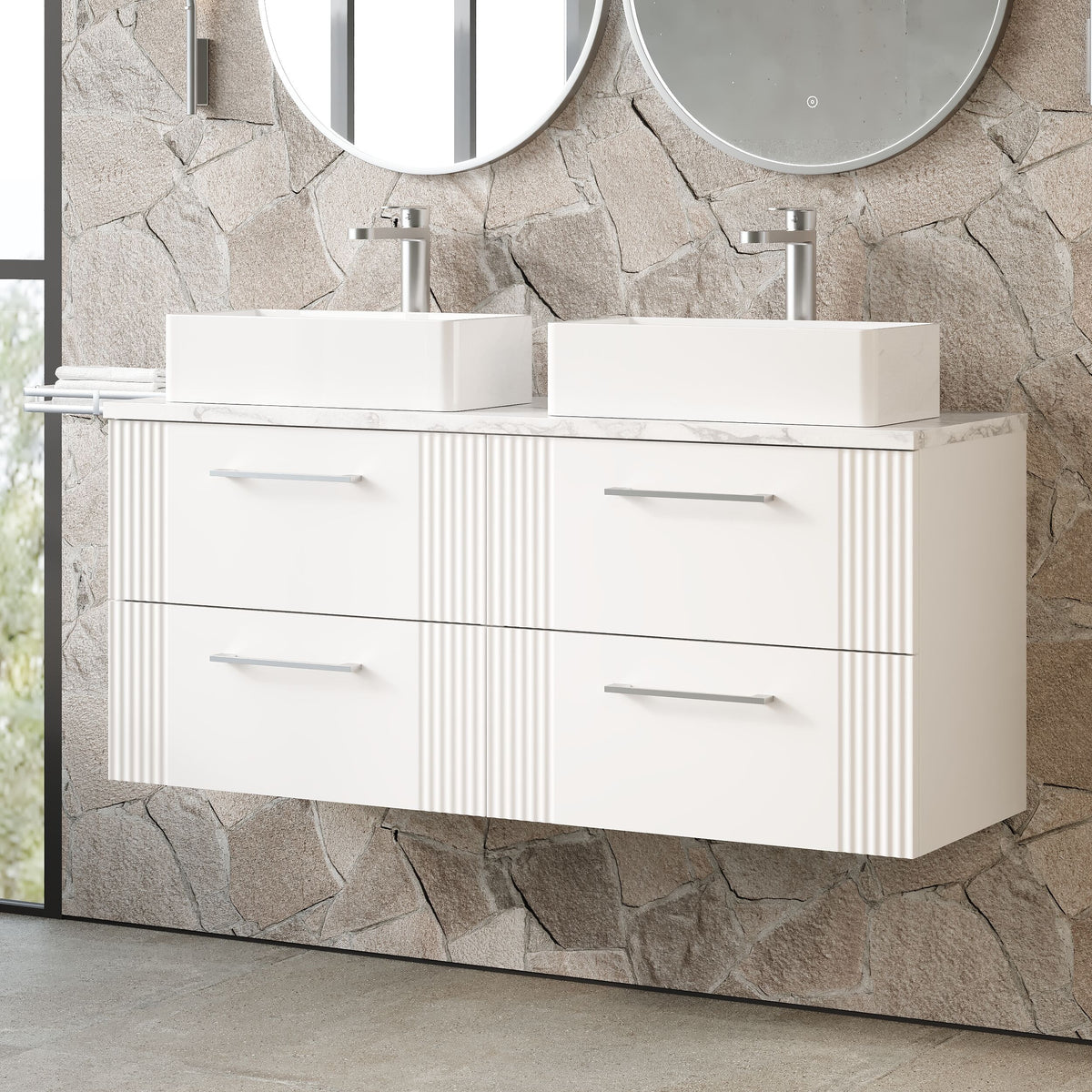 Modern Splash 1200mm Satin White Part Fluted 4 Drawer Wall Hung Vanity With Carrara Laminate Worktop