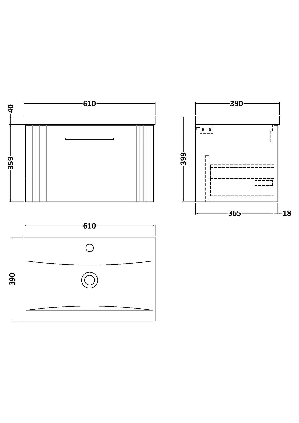 Modern Splash 600mm Satin White 1 Drawer Wall Hung Vanity Unit With Mid-Edge Basin