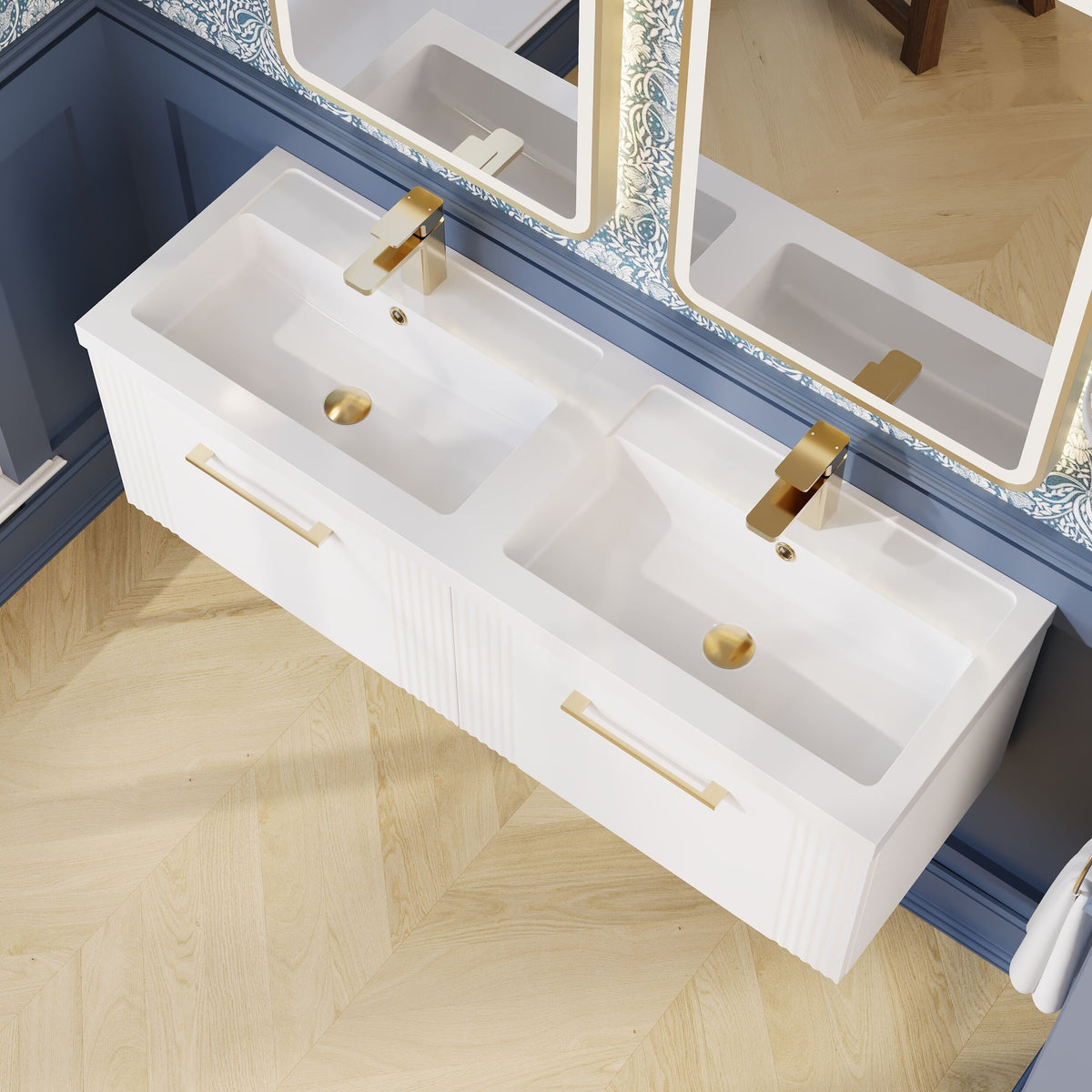 Modern Splash 1200mm Satin White 2 Drawer Wall Hung Vanity Unit With 2 Tap Hole Polymarble basin