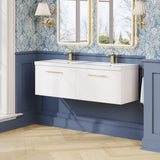 Modern Splash 1200mm Satin White 2 Drawer Wall Hung Vanity Unit With 2 Tap Hole Polymarble basin