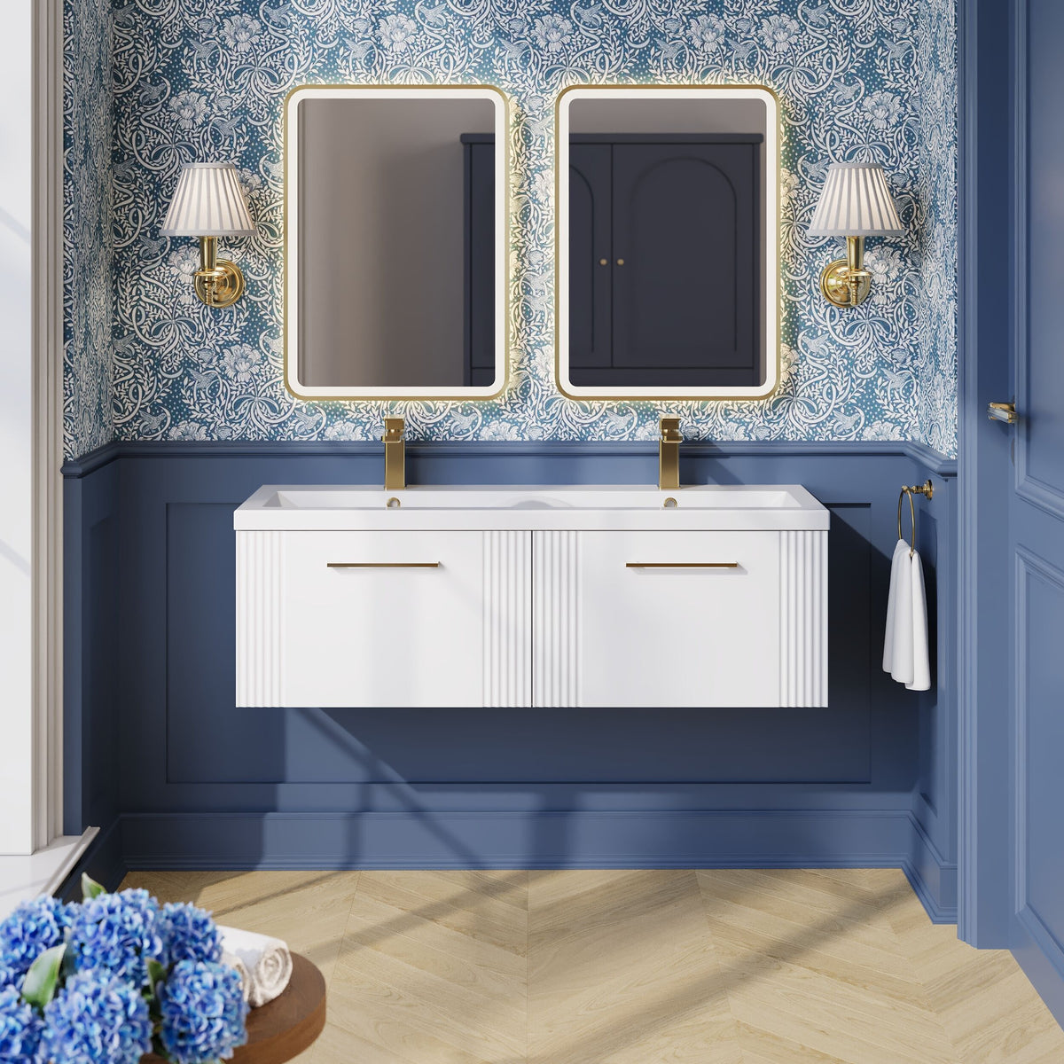 Modern Splash 1200mm Satin White 2 Drawer Wall Hung Vanity Unit With 2 Tap Hole Ceramic Basin